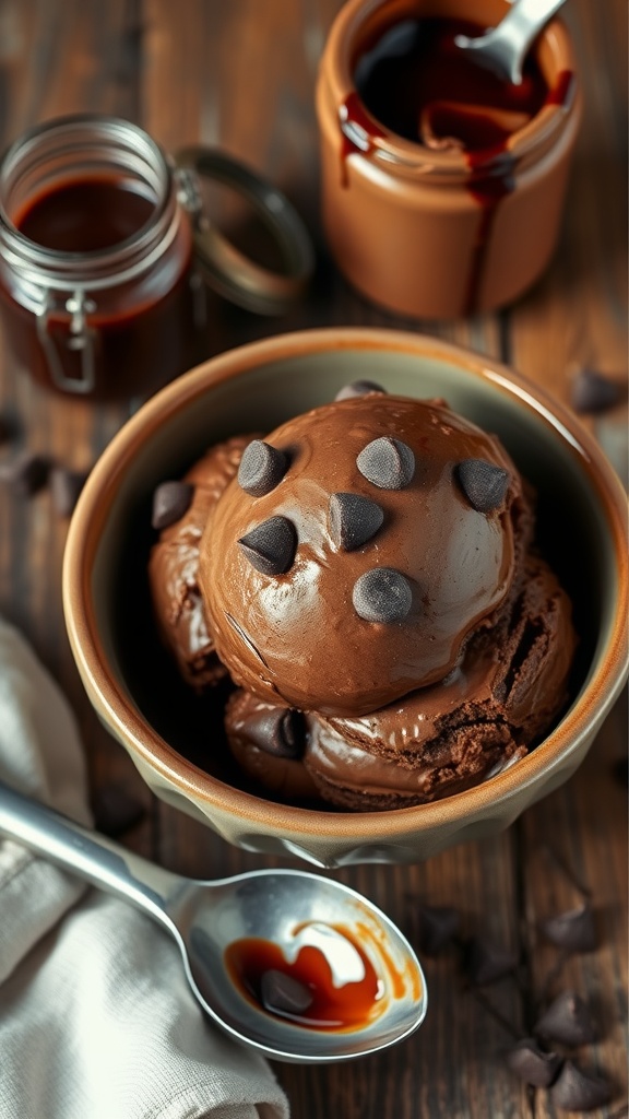 A bowl of rich chocolate ice cream topped with chocolate chips, served with a scoop on a wooden table.